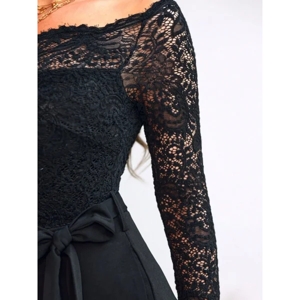 Kadın Uzun Kollu Madonna Yaka Dantelli Yandan Bağlamalı Ithal Krep Tulum