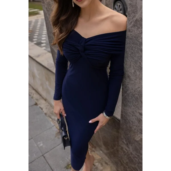 Kadın Uzun Kollu Madonna Yaka Düğüm Büzgü Detay Maxi Boy Elblbise