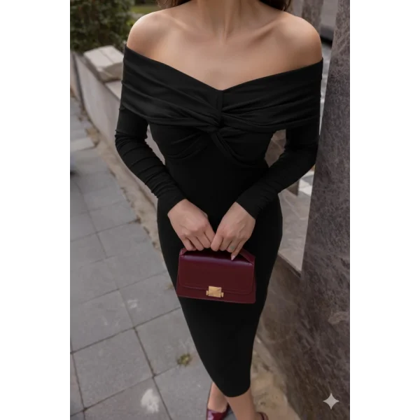 Kadın Uzun Kollu Madonna Yaka Düğüm Büzgü Detay Maxi Boy Elblbise