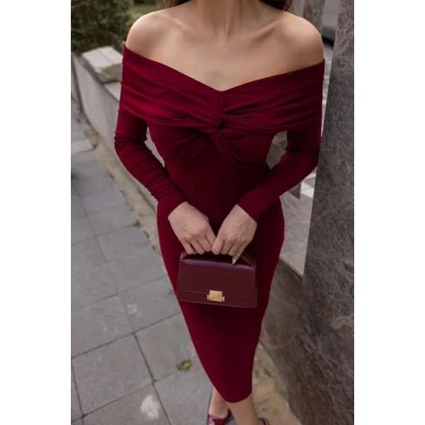 Kadın Uzun Kollu Madonna Yaka Düğüm Büzgü Detay Maxi Boy Elblbise