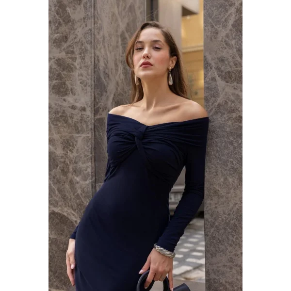 Kadın Uzun Kollu Madonna Yaka Düğüm Büzgü Detay Maxi Boy Elblbise