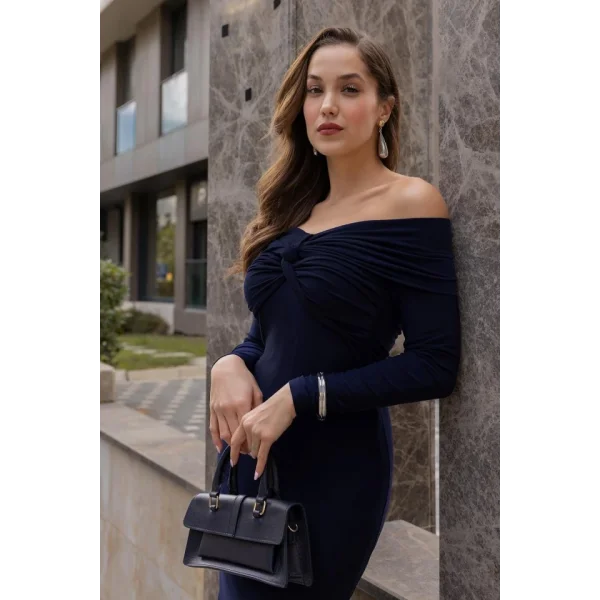 Kadın Uzun Kollu Madonna Yaka Düğüm Büzgü Detay Maxi Boy Elblbise