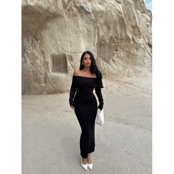 Kadın Uzun Kollu Madonna Yaka Midi Boy Elbise