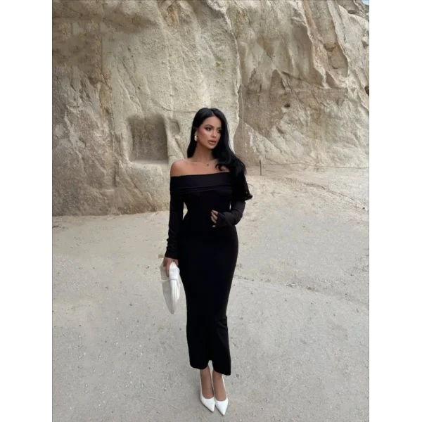 Kadın Uzun Kollu Madonna Yaka Midi Boy Elbise