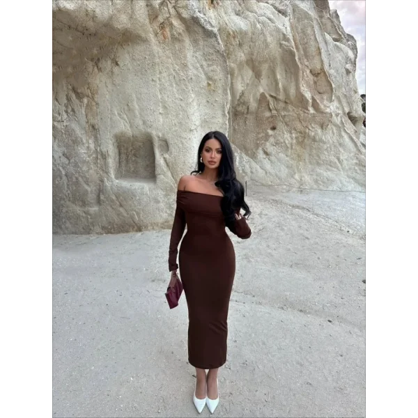 Kadın Uzun Kollu Madonna Yaka Midi Boy Elbise