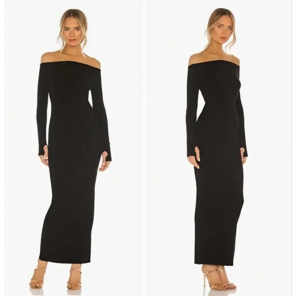 Kadın Uzun Kollu Madonna Yaka Parmak Geçmeli Detay Kaşkorse Elbise