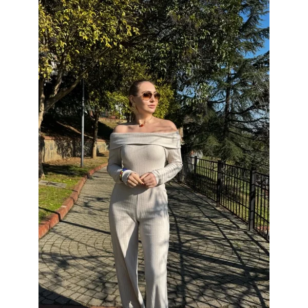 Kadın Uzun Kollu Madonna Yaka şardonlu Kaşkorse Tulum