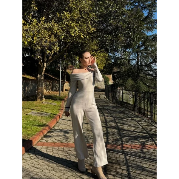 Kadın Uzun Kollu Madonna Yaka şardonlu Kaşkorse Tulum