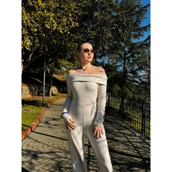 Kadın Uzun Kollu Madonna Yaka şardonlu Kaşkorse Tulum