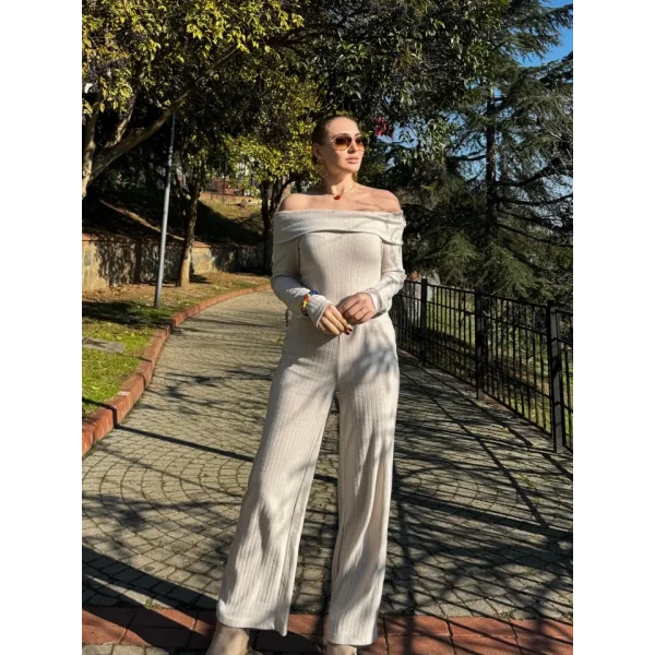 Kadın Uzun Kollu Madonna Yaka şardonlu Kaşkorse Tulum