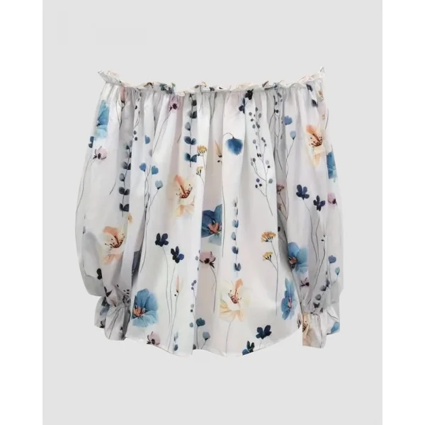 Kadın Uzun Kollu Madonna Yaka Yakadan Bağcıklı çiçek Baskılı Moss Krep Bluz