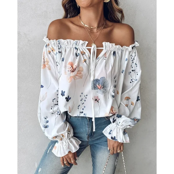 Kadın Uzun Kollu Madonna Yaka Yakadan Bağcıklı çiçek Baskılı Moss Krep Bluz
