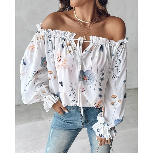 Kadın Uzun Kollu Madonna Yaka Yakadan Bağcıklı çiçek Baskılı Moss Krep Bluz