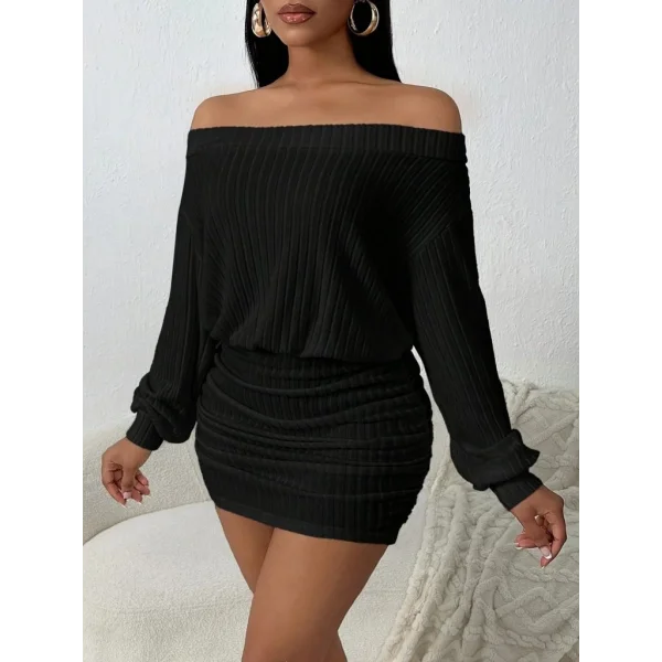 Kadın Uzun Kollu Madonna Yaka Yanlardan Büzgülü şardonlu Kaşkorse Mini Elbise