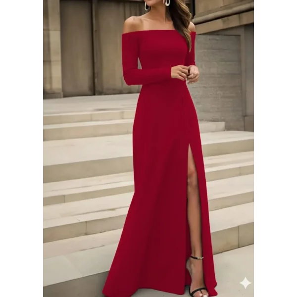 Kadın Uzun Kollu Madonna Yakalı Yırtmaç Detaylı Uzun Ithal Krep Elbise