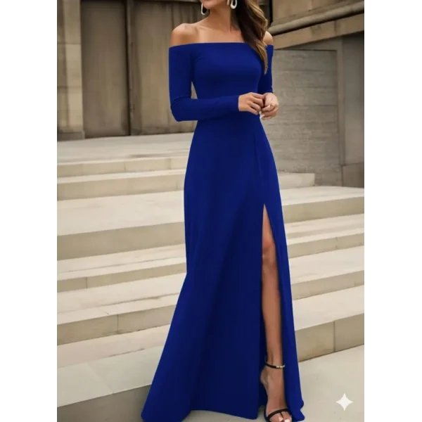 Kadın Uzun Kollu Madonna Yakalı Yırtmaç Detaylı Uzun Ithal Krep Elbise