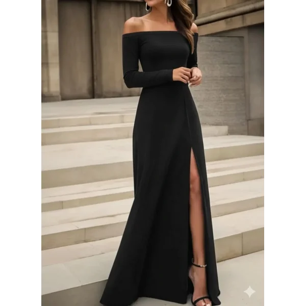 Kadın Uzun Kollu Madonna Yakalı Yırtmaç Detaylı Uzun Ithal Krep Elbise