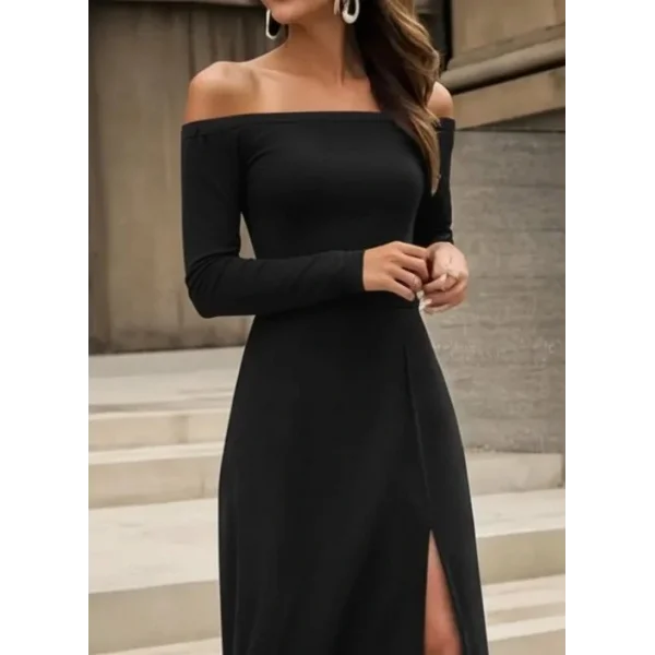 Kadın Uzun Kollu Madonna Yakalı Yırtmaç Detaylı Uzun Ithal Krep Elbise