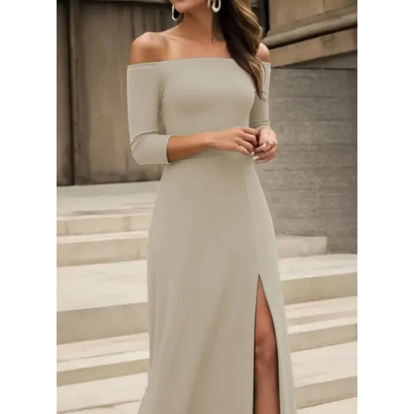 Kadın Uzun Kollu Madonna Yakalı Yırtmaç Detaylı Uzun Ithal Krep Elbise