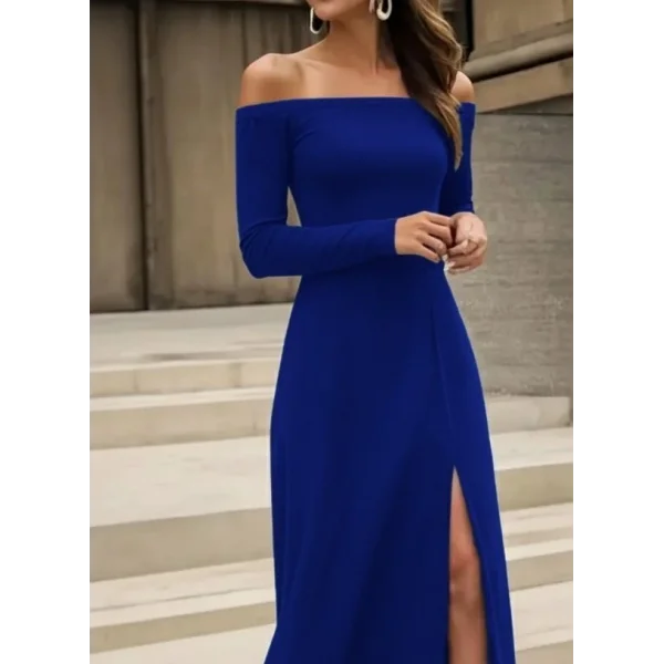 Kadın Uzun Kollu Madonna Yakalı Yırtmaç Detaylı Uzun Ithal Krep Elbise