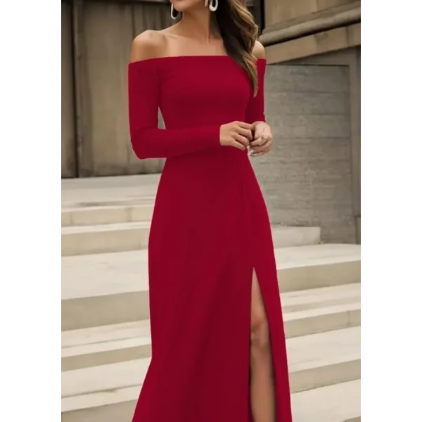 Kadın Uzun Kollu Madonna Yakalı Yırtmaç Detaylı Uzun Ithal Krep Elbise