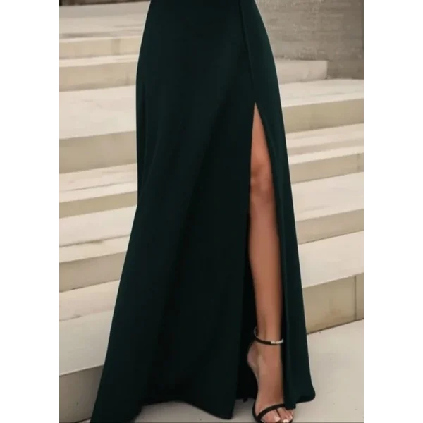 Kadın Uzun Kollu Madonna Yakalı Yırtmaç Detaylı Uzun Ithal Krep Elbise