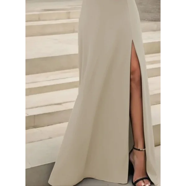 Kadın Uzun Kollu Madonna Yakalı Yırtmaç Detaylı Uzun Ithal Krep Elbise