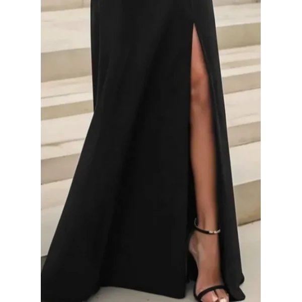 Kadın Uzun Kollu Madonna Yakalı Yırtmaç Detaylı Uzun Ithal Krep Elbise