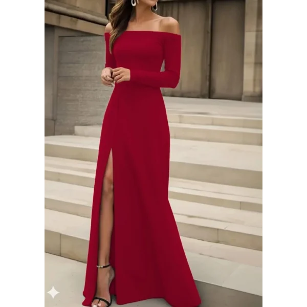 Kadın Uzun Kollu Madonna Yakalı Yırtmaç Detaylı Uzun Ithal Krep Elbise