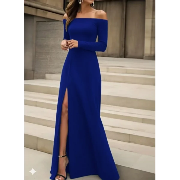 Kadın Uzun Kollu Madonna Yakalı Yırtmaç Detaylı Uzun Ithal Krep Elbise