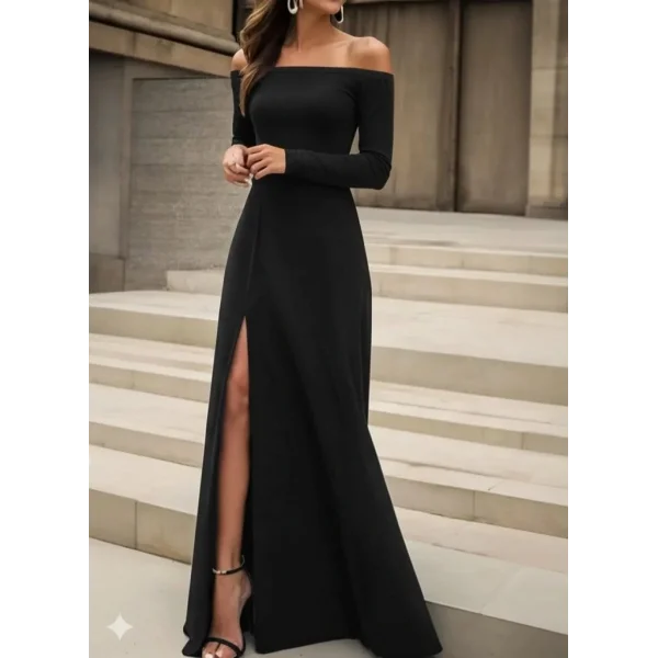 Kadın Uzun Kollu Madonna Yakalı Yırtmaç Detaylı Uzun Ithal Krep Elbise