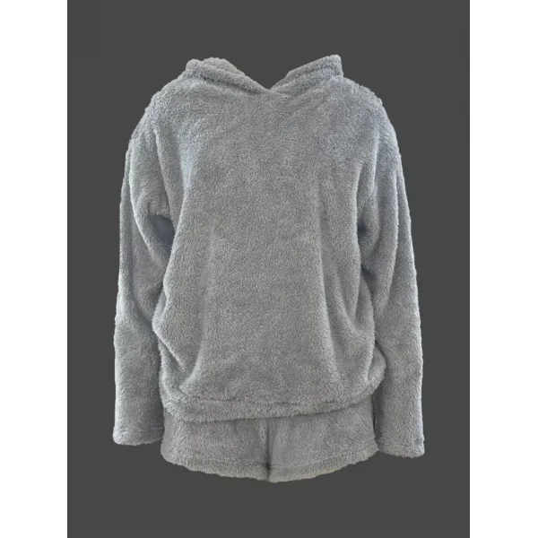 Kadın Uzun Kollu Meow Kedi Nakışlı Kapşonlu Peluş Sweat Ve Short Ikili Takım