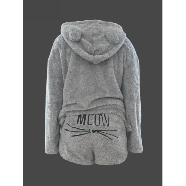 Kadın Uzun Kollu Meow Kedi Nakışlı Kapşonlu Peluş Sweat Ve Short Ikili Takım