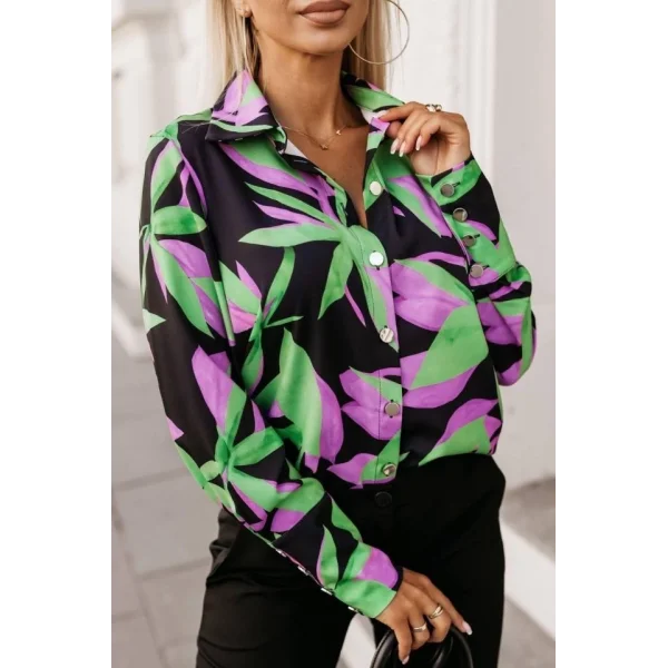 Kadın Uzun Kollu Metal Düğme Detay çiçek Baskılı Mosskrep Kumaş Gömlek