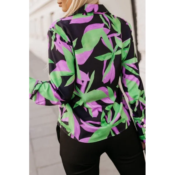 Kadın Uzun Kollu Metal Düğme Detay çiçek Baskılı Mosskrep Kumaş Gömlek