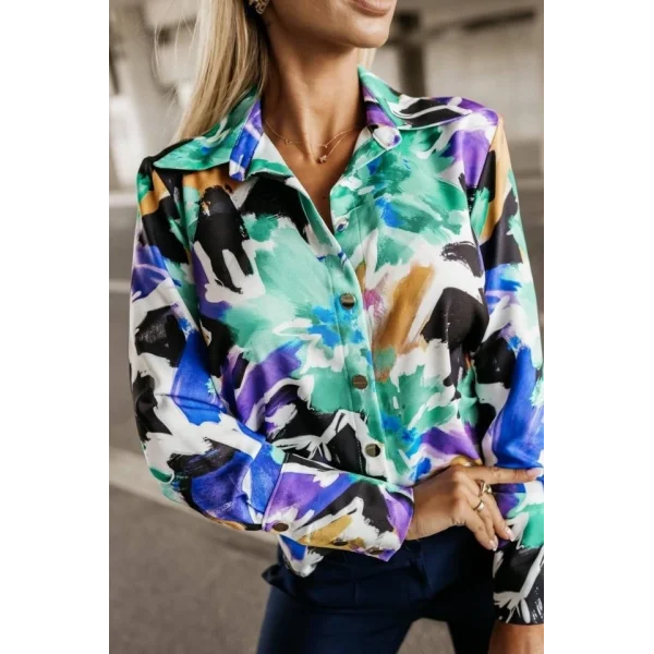 Kadın Uzun Kollu Metal Düğme Detay Renk Baskılı Mosskrep Kumaş Gömlek