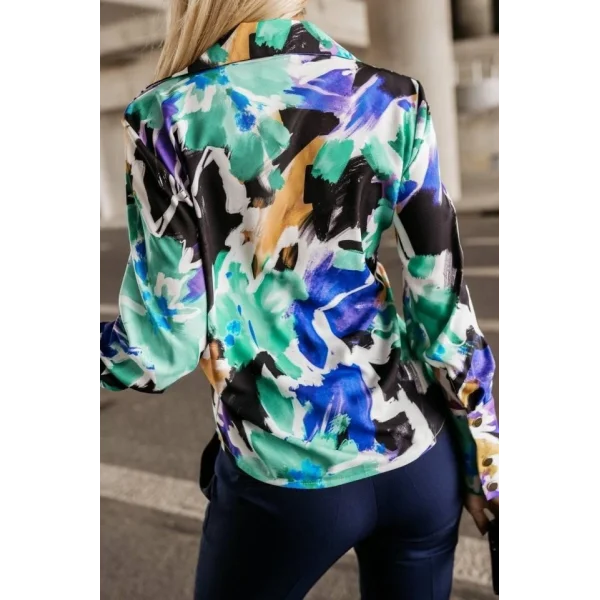 Kadın Uzun Kollu Metal Düğme Detay Renk Baskılı Mosskrep Kumaş Gömlek