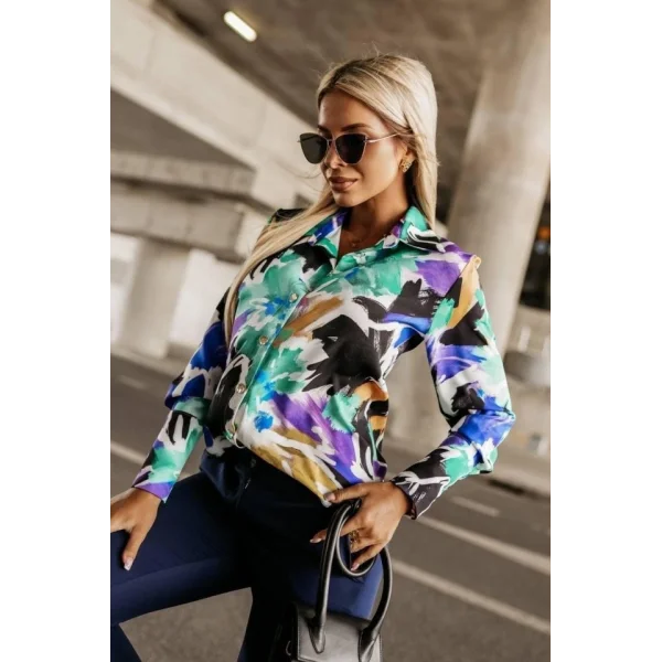 Kadın Uzun Kollu Metal Düğme Detay Renk Baskılı Mosskrep Kumaş Gömlek