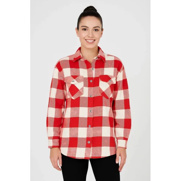 Kadın Oduncu Gömlek – Uzun Kollu, Şardonlu Kumaş, Kırmızı Beyaz Kareli Desen, Regular Fit, Çift Cepli, Manşetli Günlük Şık Stil - Bordo