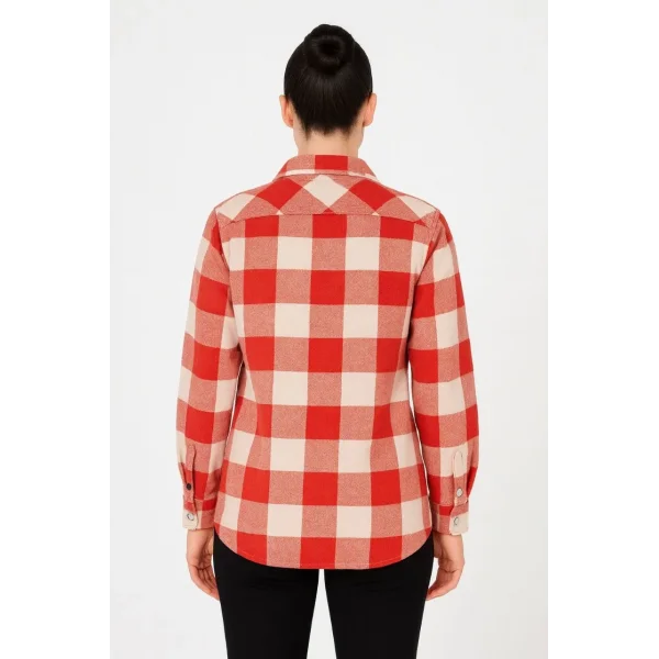 Kadın Oduncu Gömlek – Uzun Kollu, Şardonlu Kumaş, Kırmızı Beyaz Kareli Desen, Regular Fit, Çift Cepli, Manşetli Günlük Şık Stil - Bordo