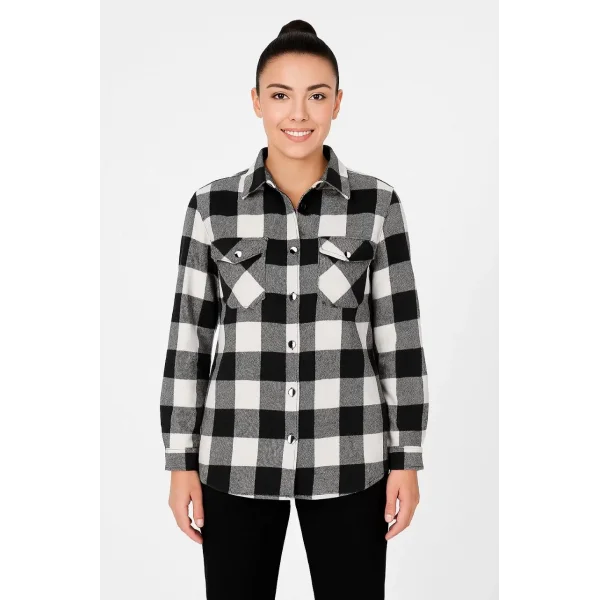 Kadın Oduncu Gömlek – Uzun Kollu, Şardonlu Kumaş, Kırmızı Beyaz Kareli Desen, Regular Fit, Çift Cepli, Manşetli Günlük Şık Stil - Siyah