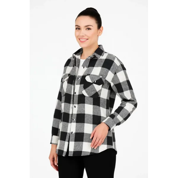 Kadın Oduncu Gömlek – Uzun Kollu, Şardonlu Kumaş, Kırmızı Beyaz Kareli Desen, Regular Fit, Çift Cepli, Manşetli Günlük Şık Stil - Siyah