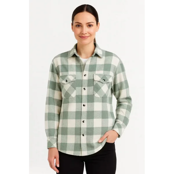 Kadın Oduncu Gömlek – Uzun Kollu, Şardonlu Kumaş, Kırmızı Beyaz Kareli Desen, Regular Fit, Çift Cepli, Manşetli Günlük Şık Stil - Su yeşili