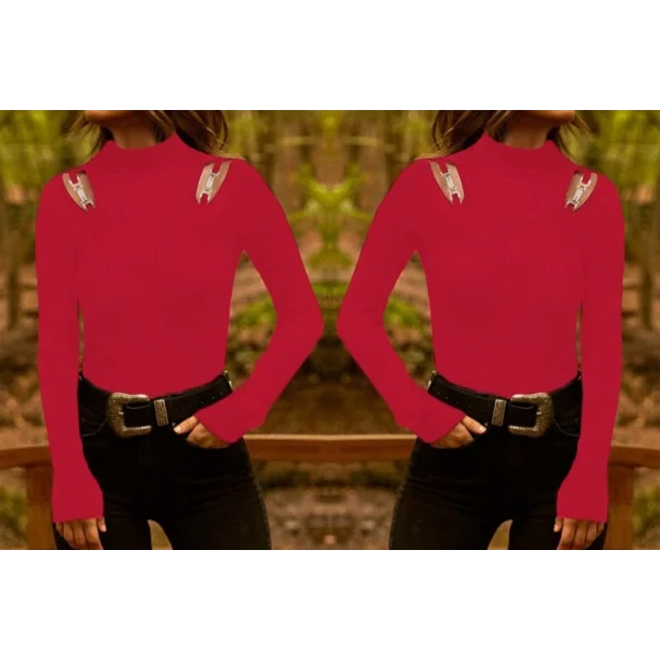 Kadın Uzun Kollu Omuz Dekolte Ve Aksesuar Detay Viskon Bluz