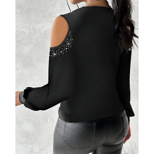 Kadın Uzun Kollu Omuz Dekolte Ve Taş Detaylı Degaje Tüllü Yaka Sandy Bluz