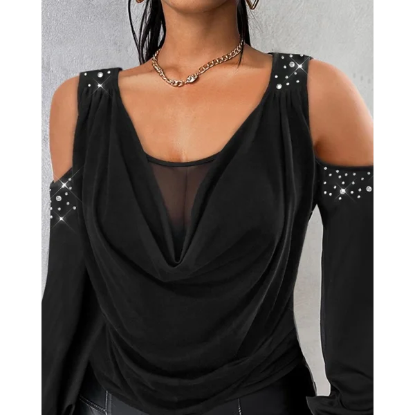 Kadın Uzun Kollu Omuz Dekolte Ve Taş Detaylı Degaje Tüllü Yaka Sandy Bluz