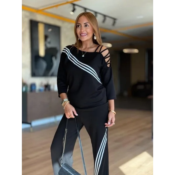 Kadın Uzun Kollu Omuz Dekolteli çapraz Ribana Detay Bluz Ve Pantolon Ikili Takım