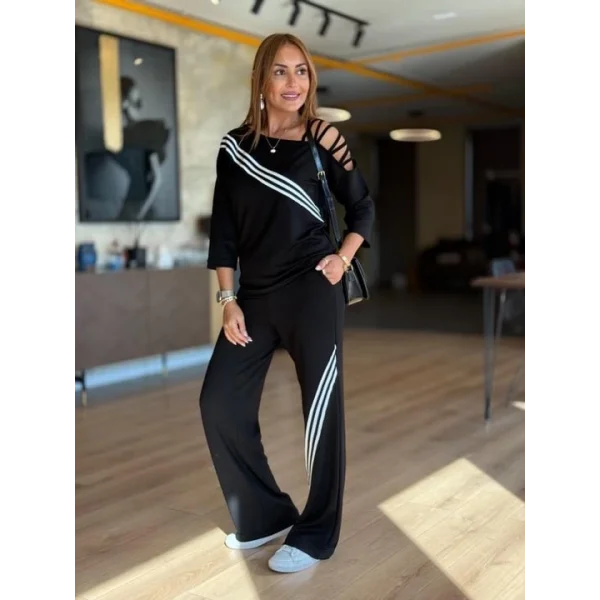 Kadın Uzun Kollu Omuz Dekolteli çapraz Ribana Detay Bluz Ve Pantolon Ikili Takım