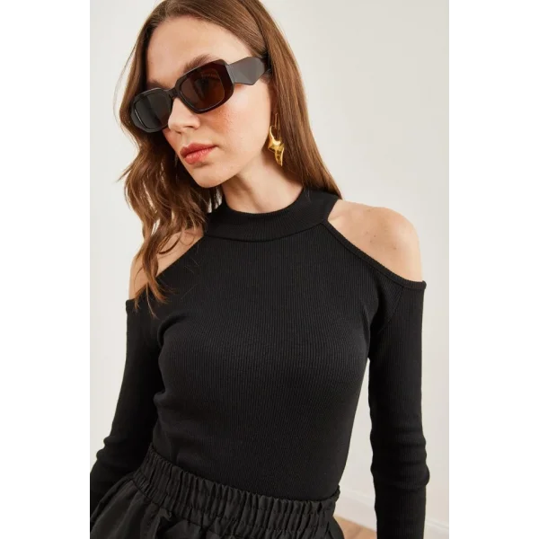 Kadın Uzun Kollu Omuz Dekolteli Kaşkorse Kumaş Bluz