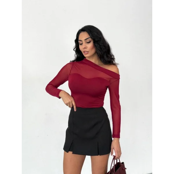 Kadın Uzun Kollu Omuz Dekoltesi Ve Transparan Tül Detay Bluz